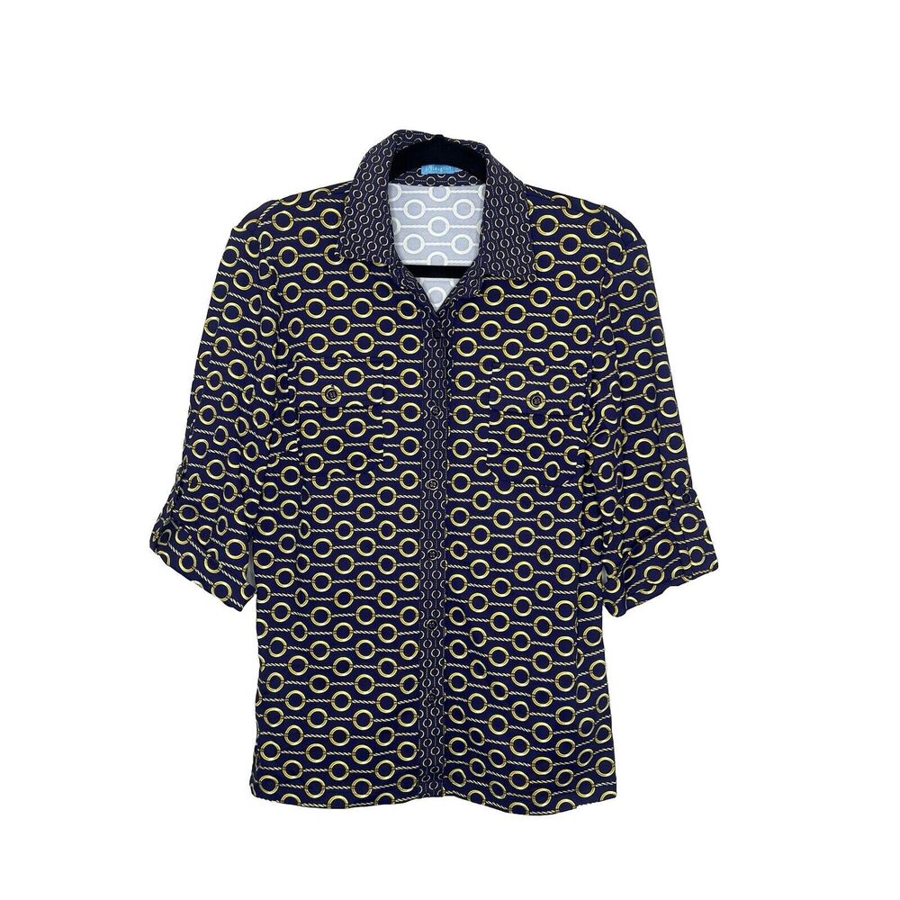 J McLaughlin Top Medium Purple Gold Chain Print Collared Catalina Cloth Office